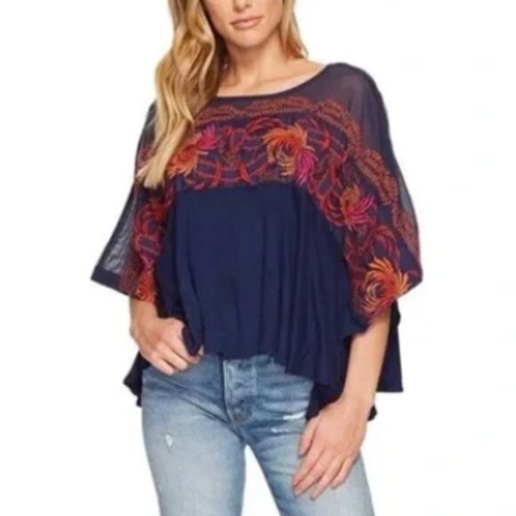 Free People Tops - Free People Love Letter Tee in Embroidered Navy